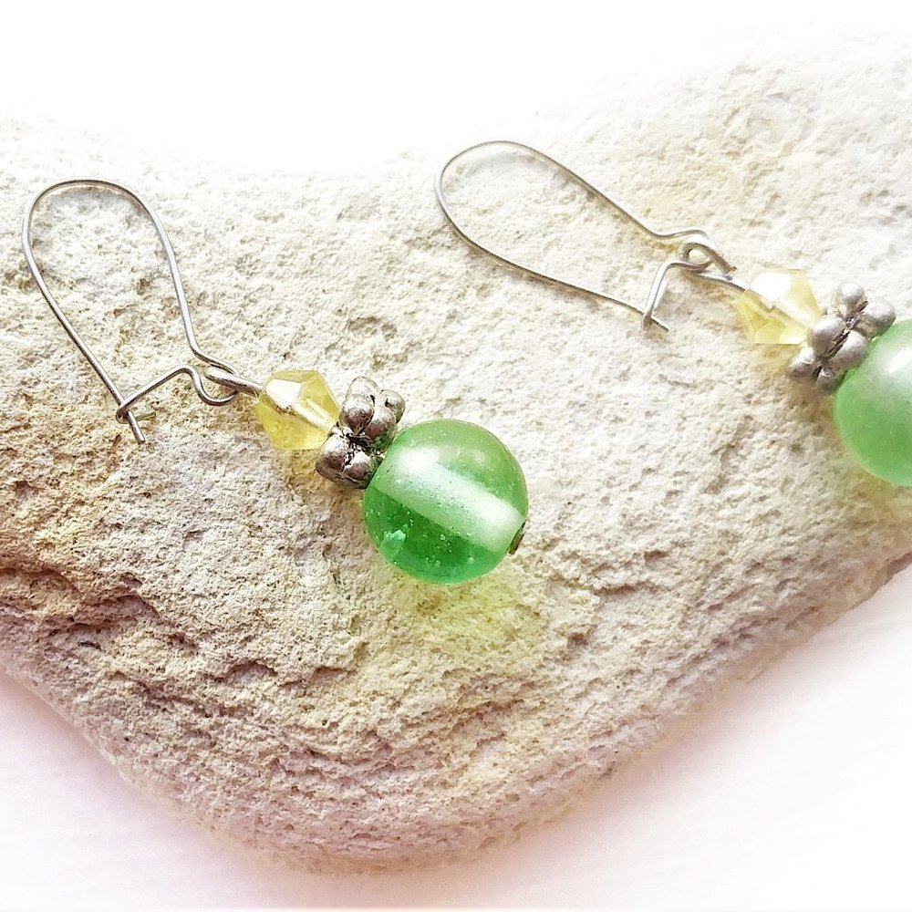 Beaded Green and Yellow Dangling Earrings